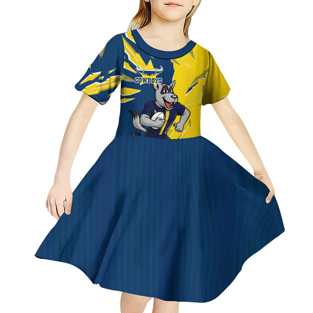 Personalized North Queensland Cowboys Kid Short Sleeve Dress Dynamic Lightning Mascot Rugby Australia
