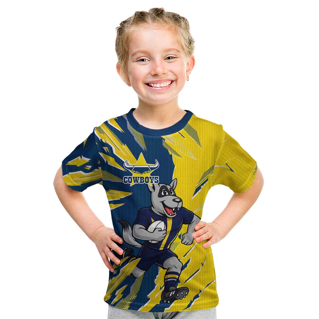 Personalized North Queensland Cowboys Kid T Shirt Dynamic Lightning Mascot Rugby Australia