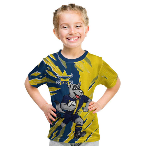 Personalized North Queensland Cowboys Kid T Shirt Dynamic Lightning Mascot Rugby Australia