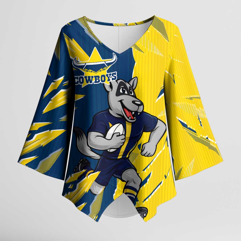 Personalized North Queensland Cowboys Kimono Sleeve Blouse Dynamic Lightning Mascot Rugby Australia