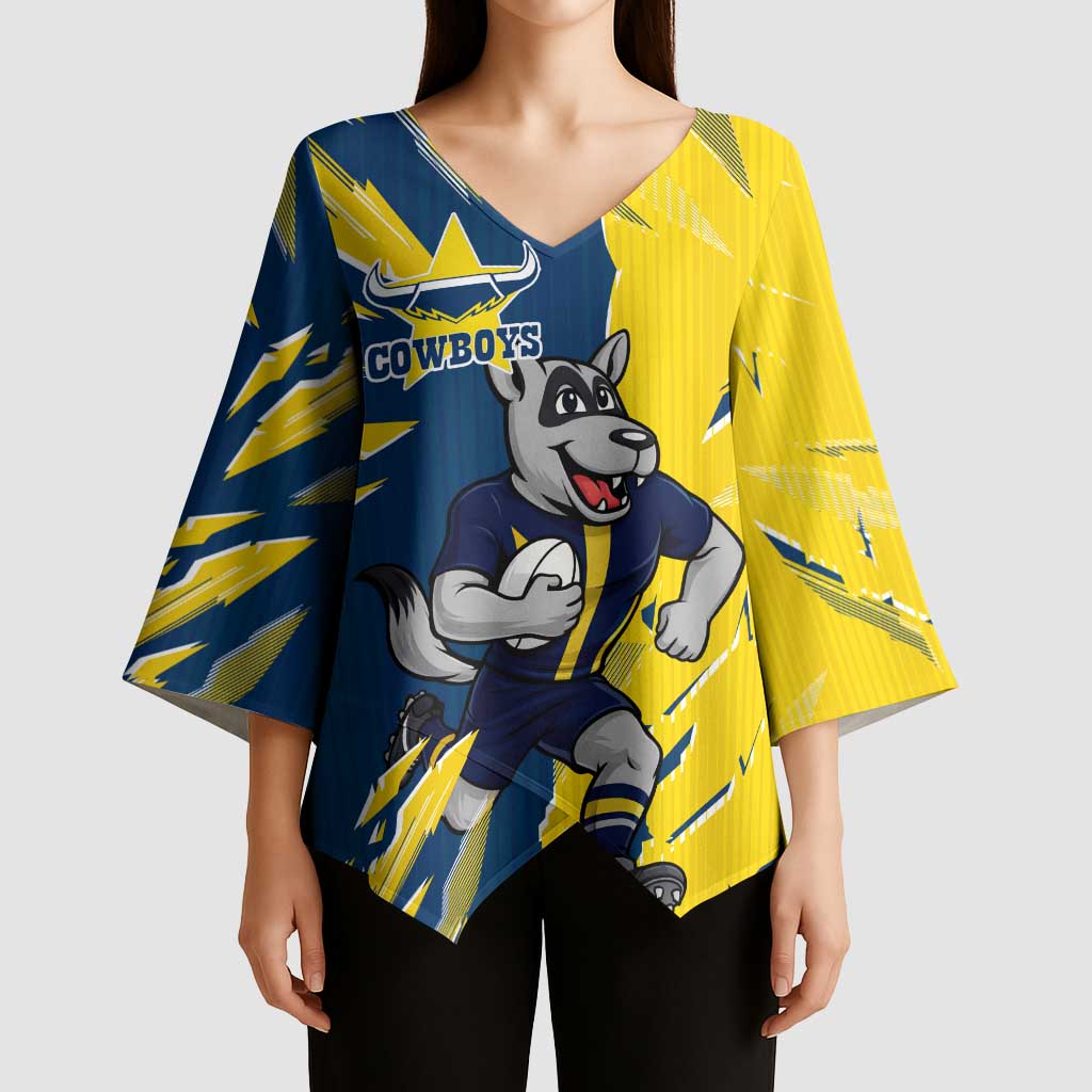 Personalized North Queensland Cowboys Kimono Sleeve Blouse Dynamic Lightning Mascot Rugby Australia