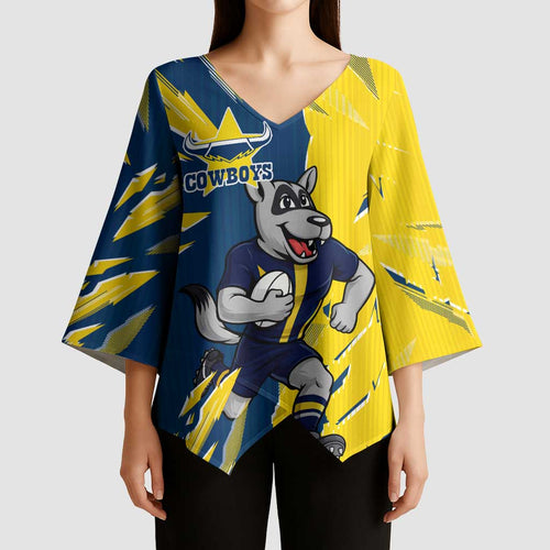 Personalized North Queensland Cowboys Kimono Sleeve Blouse Dynamic Lightning Mascot Rugby Australia