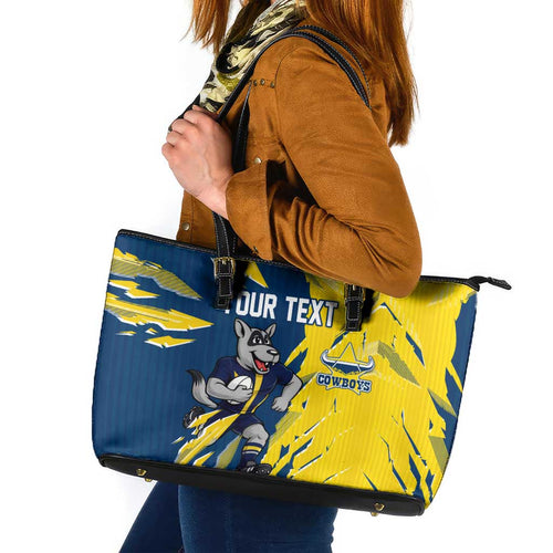 Personalized North Queensland Cowboys Leather Tote Bag Dynamic Lightning Mascot Rugby Australia