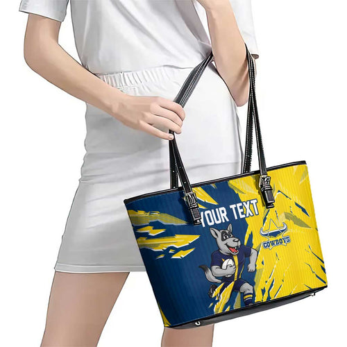 Personalized North Queensland Cowboys Leather Tote Bag Dynamic Lightning Mascot Rugby Australia