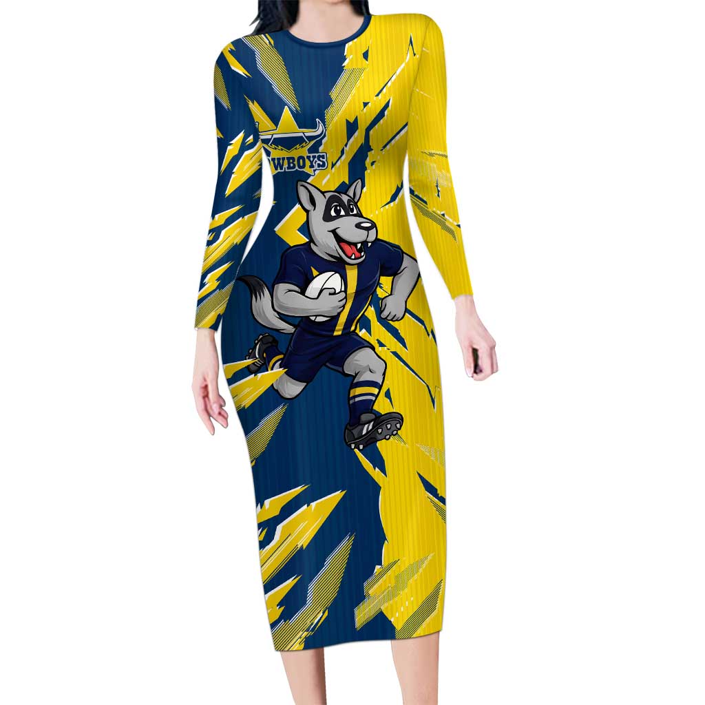 Personalized North Queensland Cowboys Long Sleeve Bodycon Dress Dynamic Lightning Mascot Rugby Australia