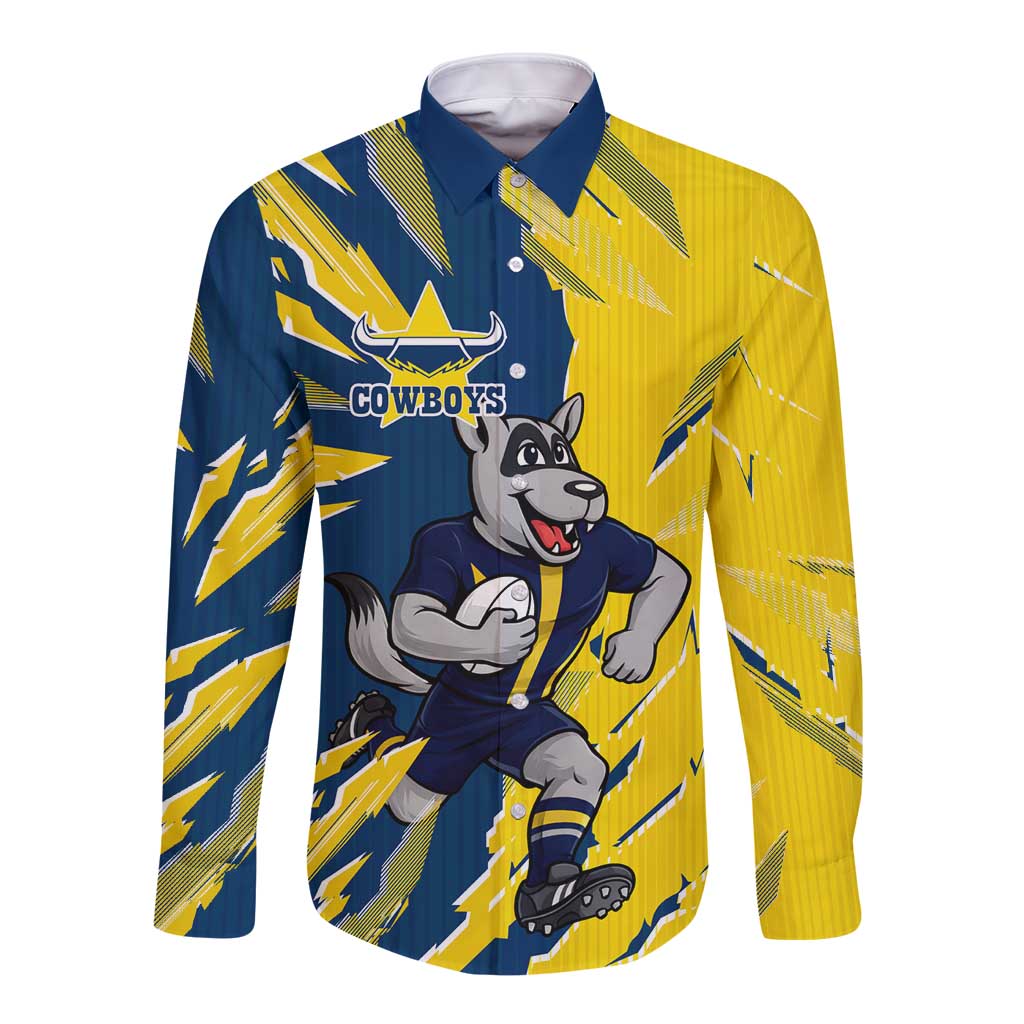 Personalized North Queensland Cowboys Long Sleeve Button Shirt Dynamic Lightning Mascot Rugby Australia