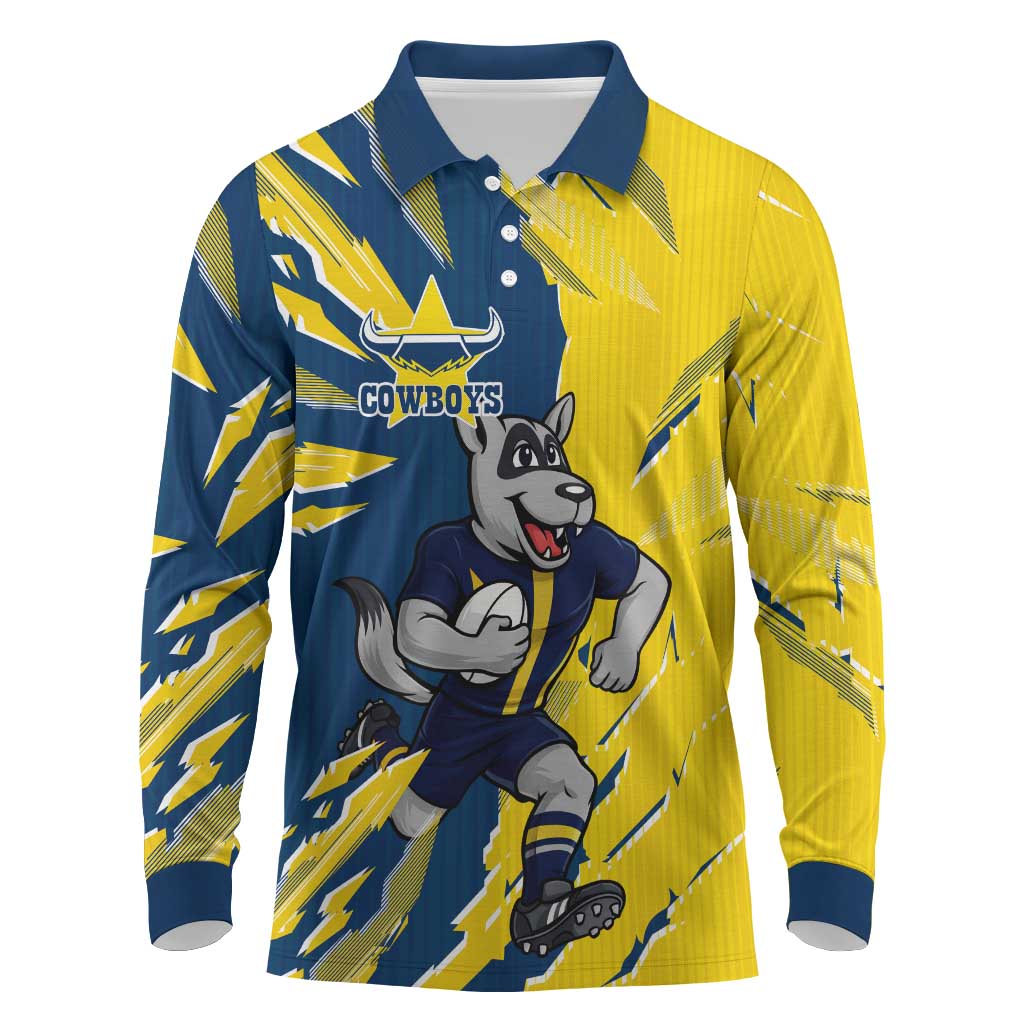 Personalized North Queensland Cowboys Long Sleeve Polo Shirt Dynamic Lightning Mascot Rugby Australia