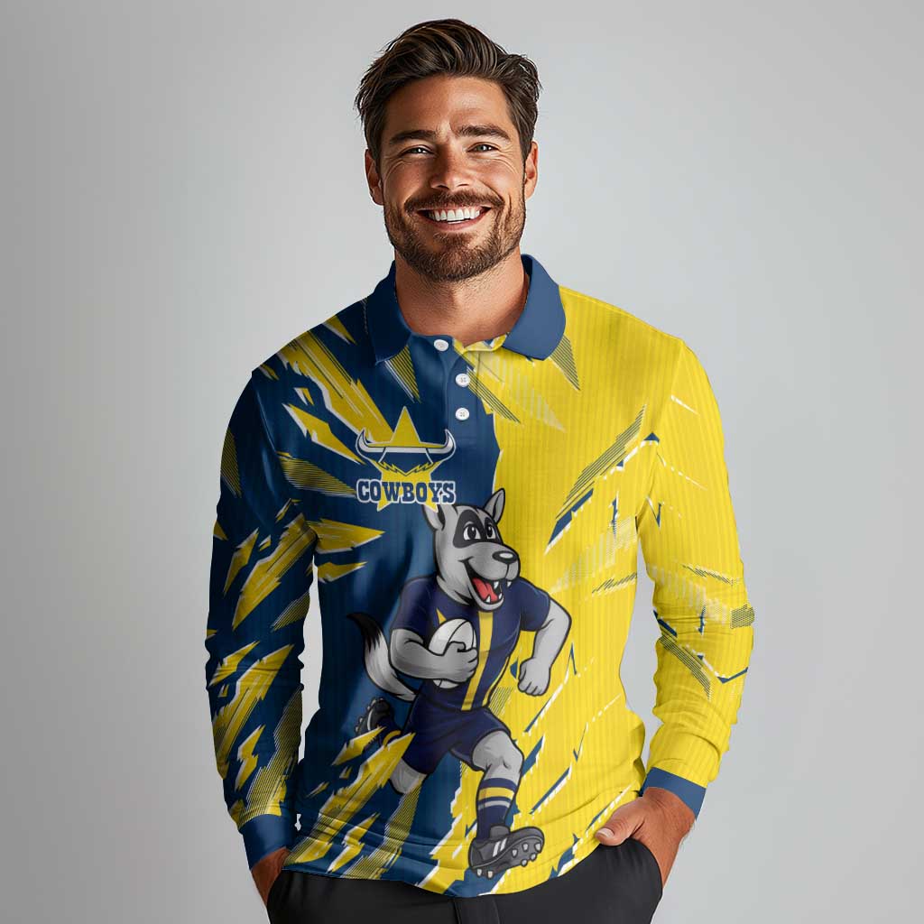 Personalized North Queensland Cowboys Long Sleeve Polo Shirt Dynamic Lightning Mascot Rugby Australia