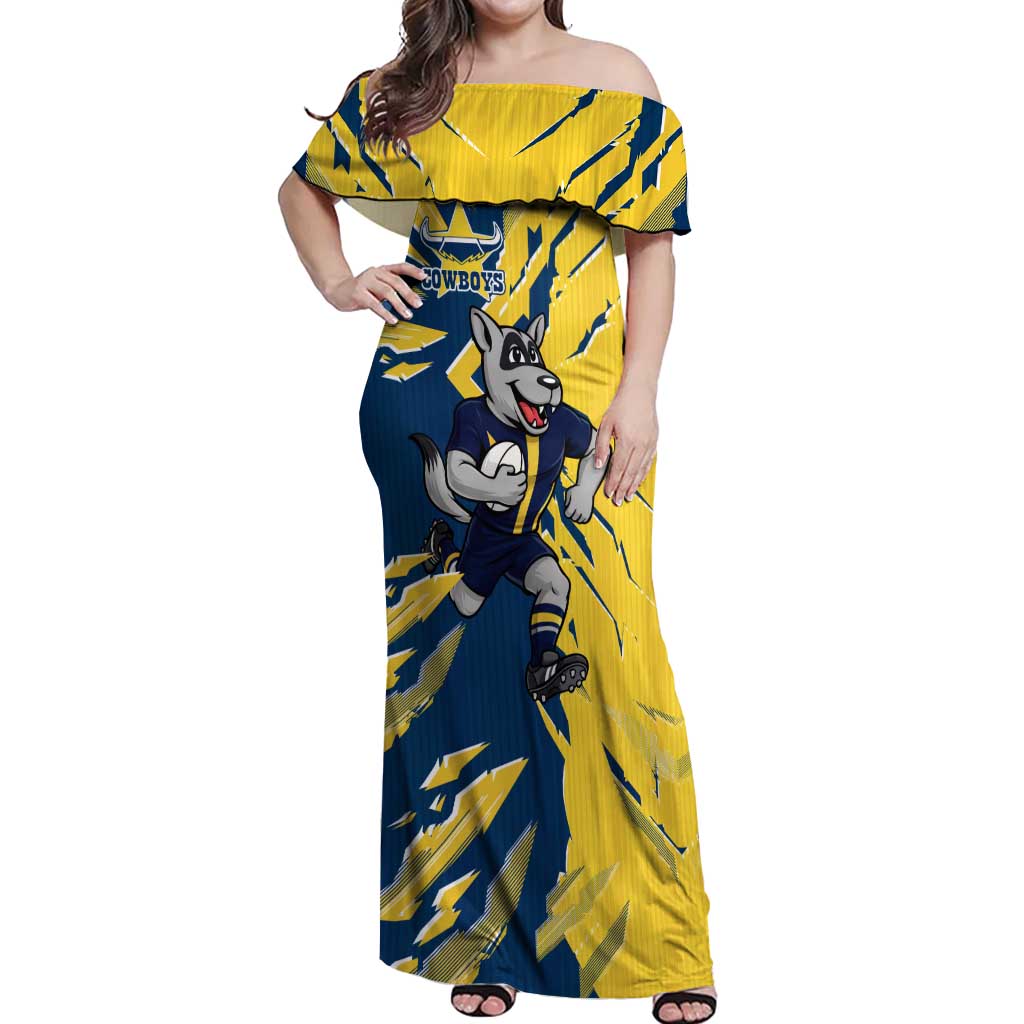Personalized North Queensland Cowboys Off Shoulder Maxi Dress Dynamic Lightning Mascot Rugby Australia