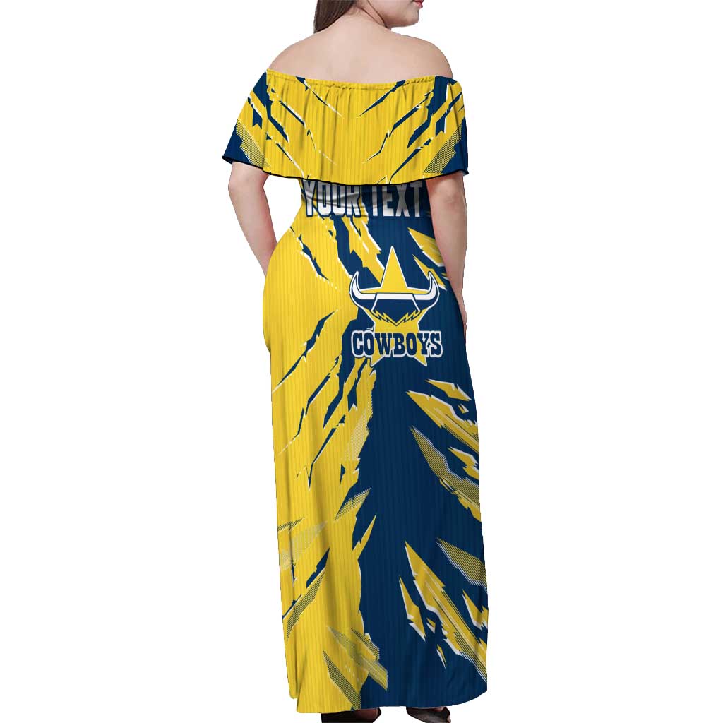 Personalized North Queensland Cowboys Off Shoulder Maxi Dress Dynamic Lightning Mascot Rugby Australia