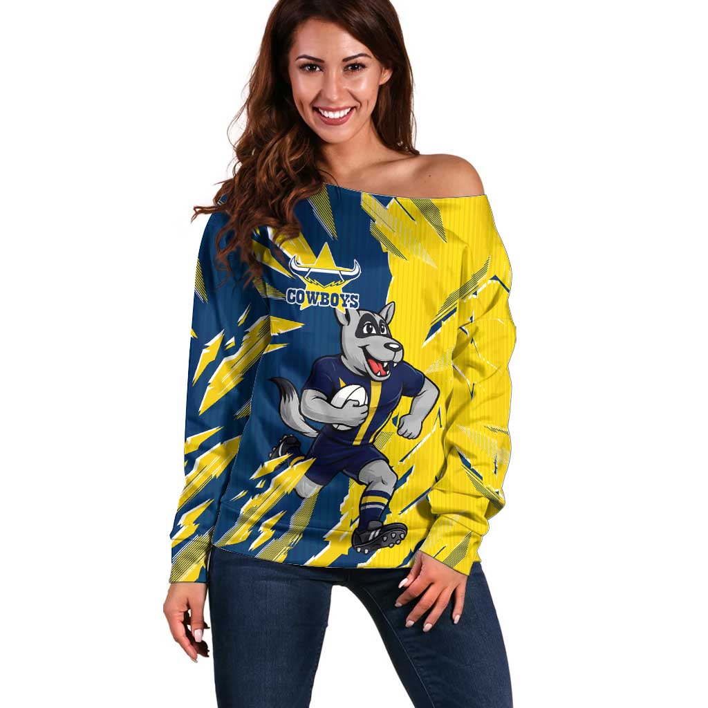 Personalized North Queensland Cowboys Off Shoulder Sweater Dynamic Lightning Mascot Rugby Australia