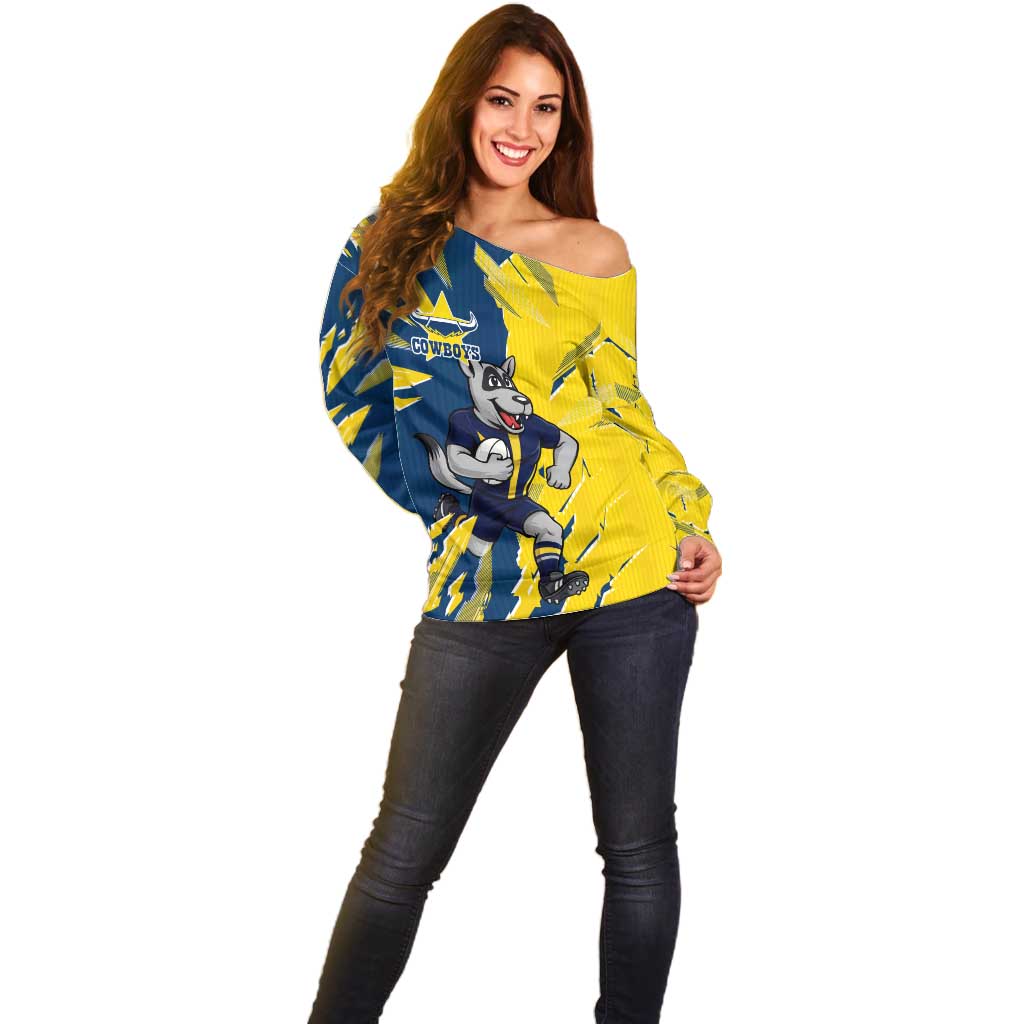 Personalized North Queensland Cowboys Off Shoulder Sweater Dynamic Lightning Mascot Rugby Australia