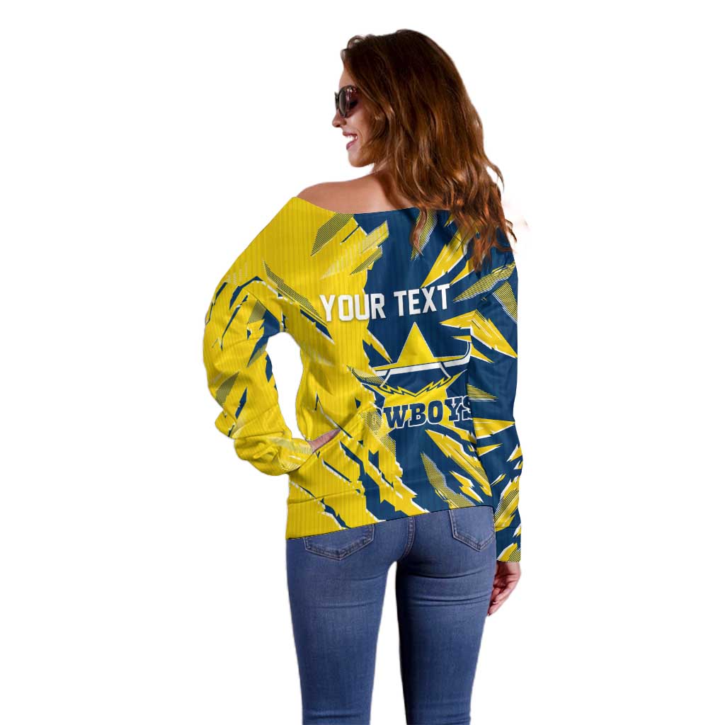 Personalized North Queensland Cowboys Off Shoulder Sweater Dynamic Lightning Mascot Rugby Australia