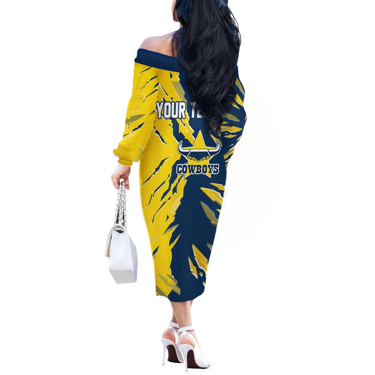 Personalized North Queensland Cowboys Off The Shoulder Long Sleeve Dress Dynamic Lightning Mascot Rugby Australia