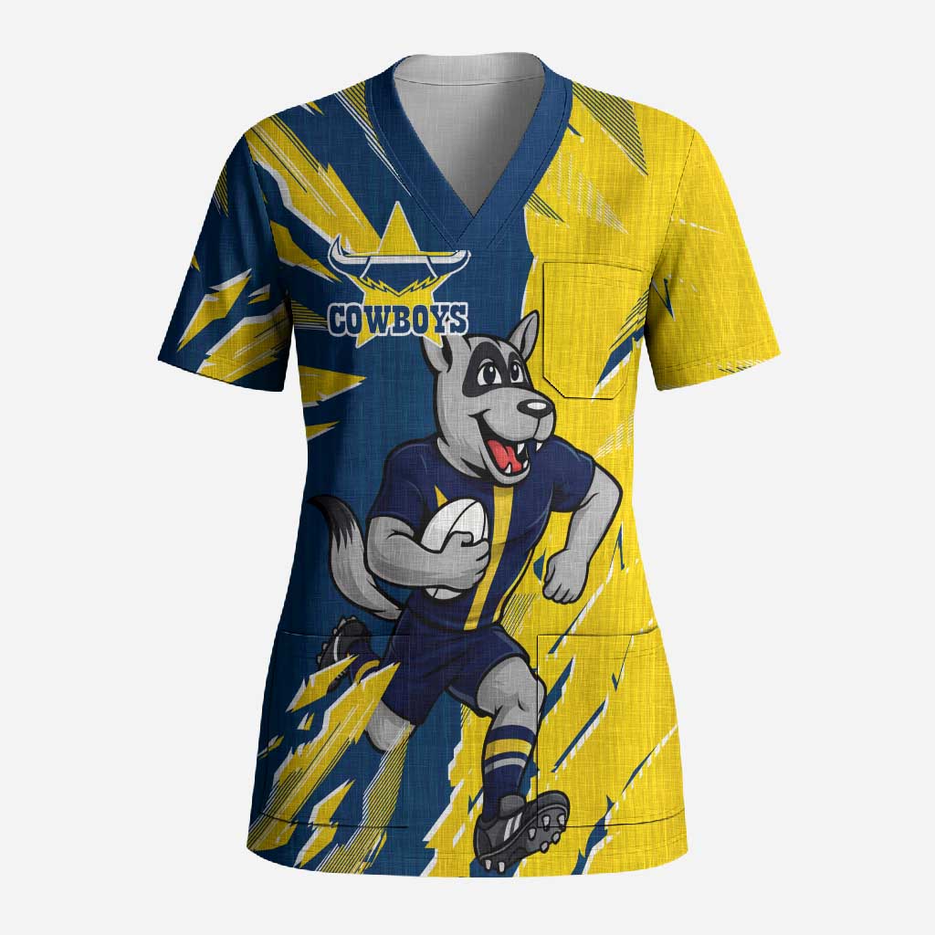 Personalized North Queensland Cowboys Scrub Top Dynamic Lightning Mascot Rugby Australia