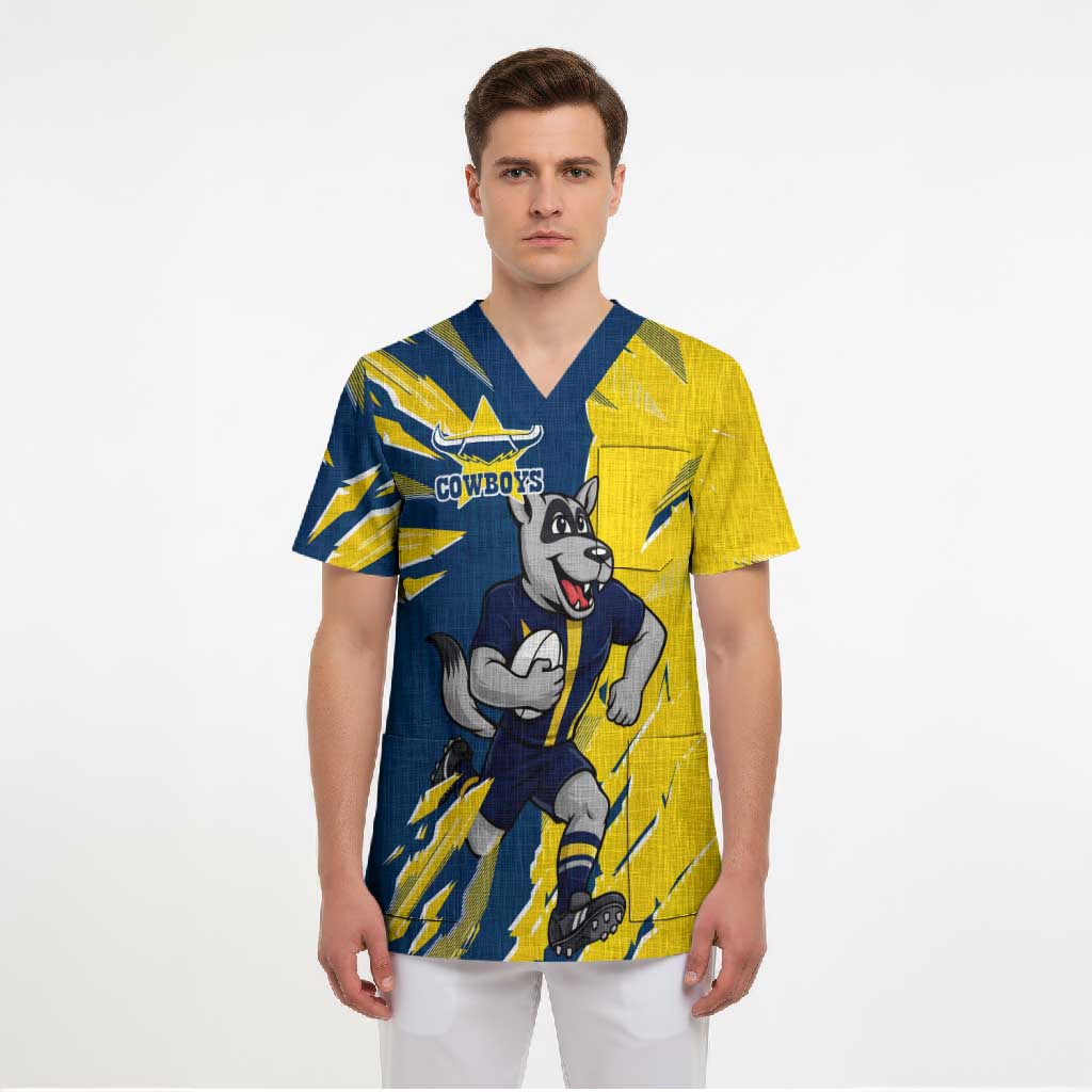 Personalized North Queensland Cowboys Scrub Top Dynamic Lightning Mascot Rugby Australia