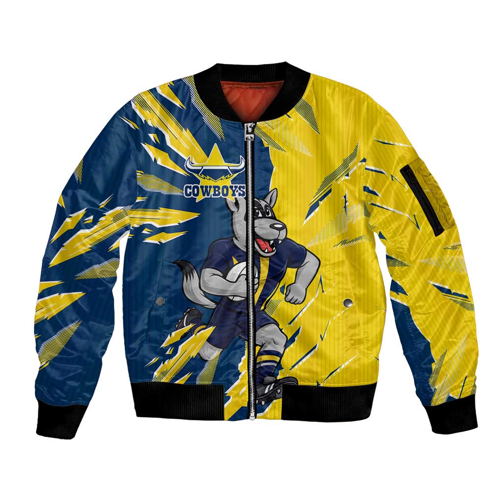 Personalized North Queensland Cowboys Sleeve Zip Bomber Jacket Dynamic Lightning Mascot Rugby Australia