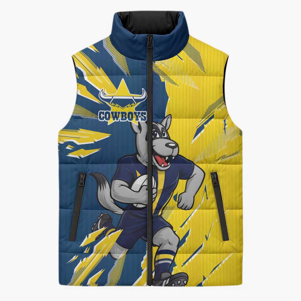Personalized North Queensland Cowboys Sleeveless Puffer Jacket Dynamic Lightning Mascot Rugby Australia