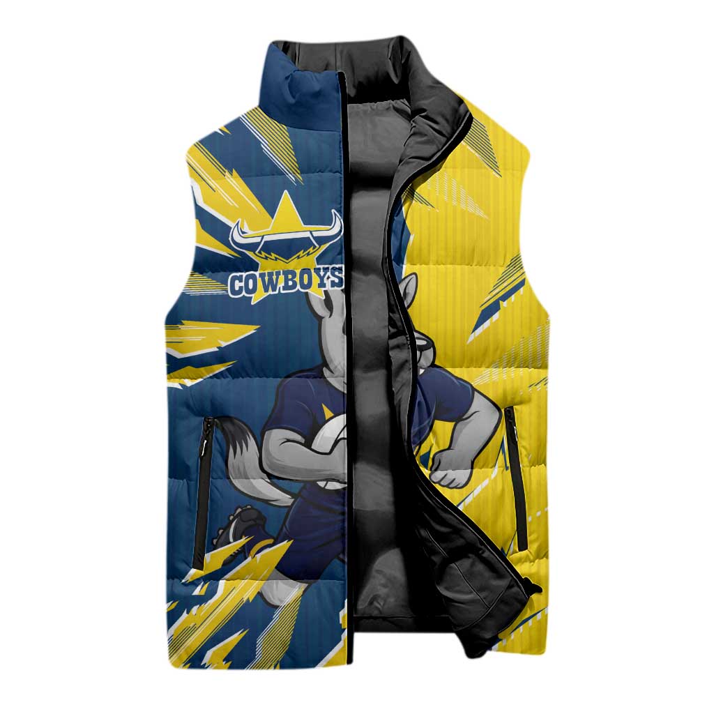 Personalized North Queensland Cowboys Sleeveless Puffer Jacket Dynamic Lightning Mascot Rugby Australia