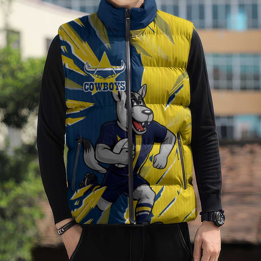 Personalized North Queensland Cowboys Sleeveless Puffer Jacket Dynamic Lightning Mascot Rugby Australia