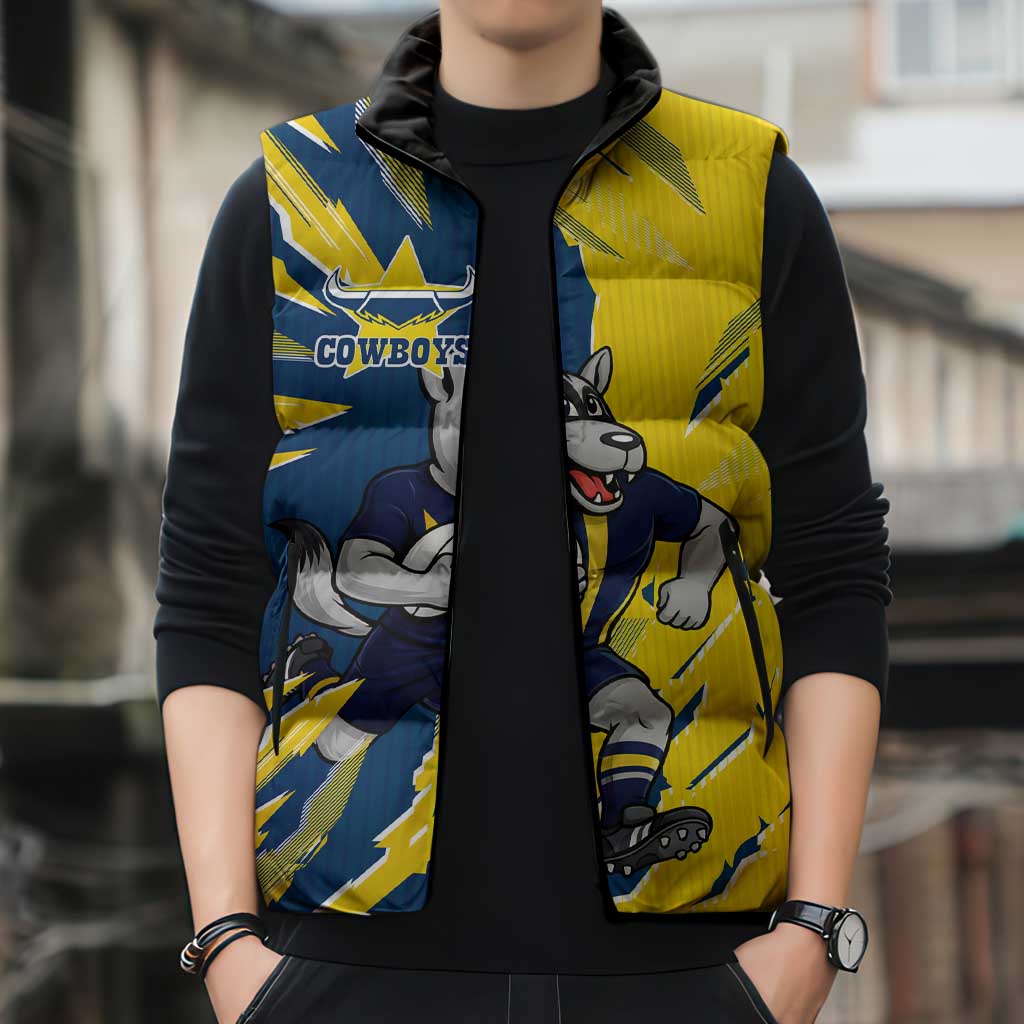 Personalized North Queensland Cowboys Sleeveless Puffer Jacket Dynamic Lightning Mascot Rugby Australia