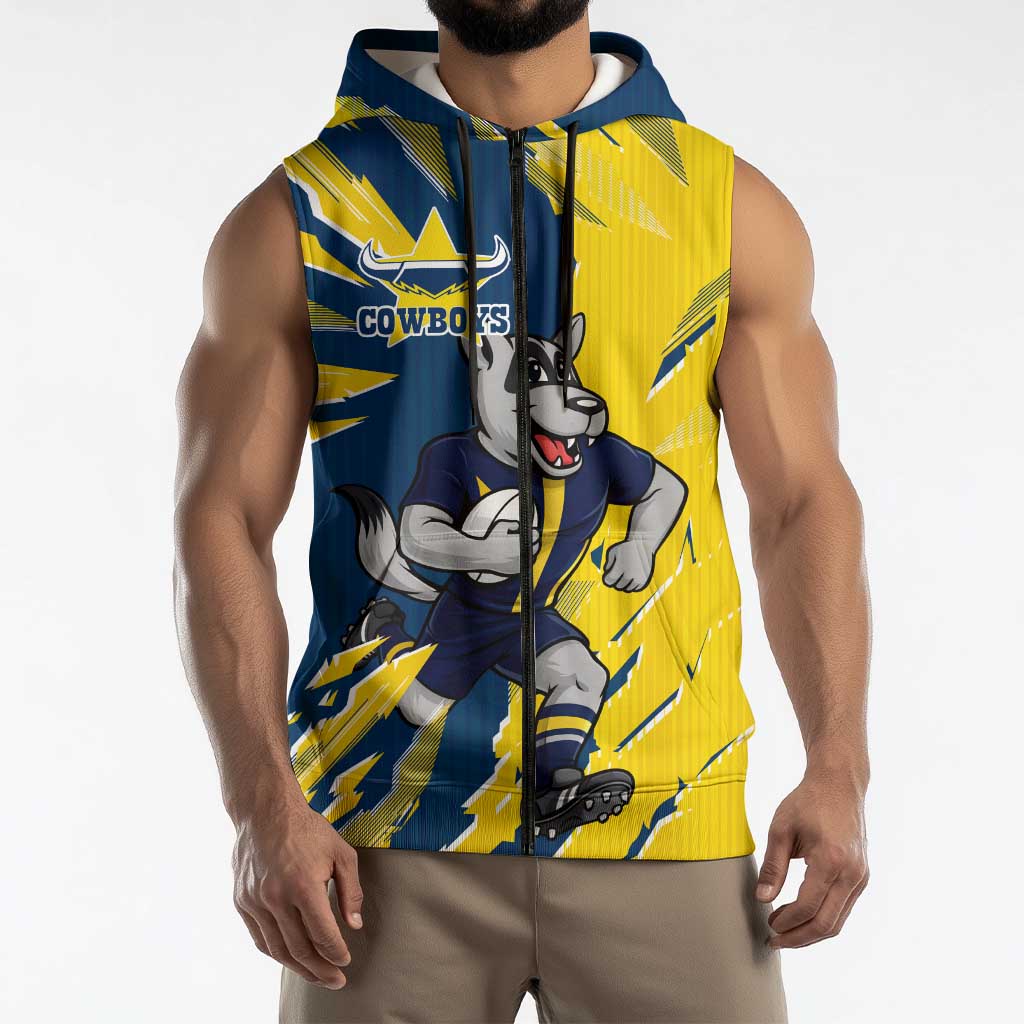 Personalized North Queensland Cowboys Sleeveless Zip Hoodie Dynamic Lightning Mascot Rugby Australia