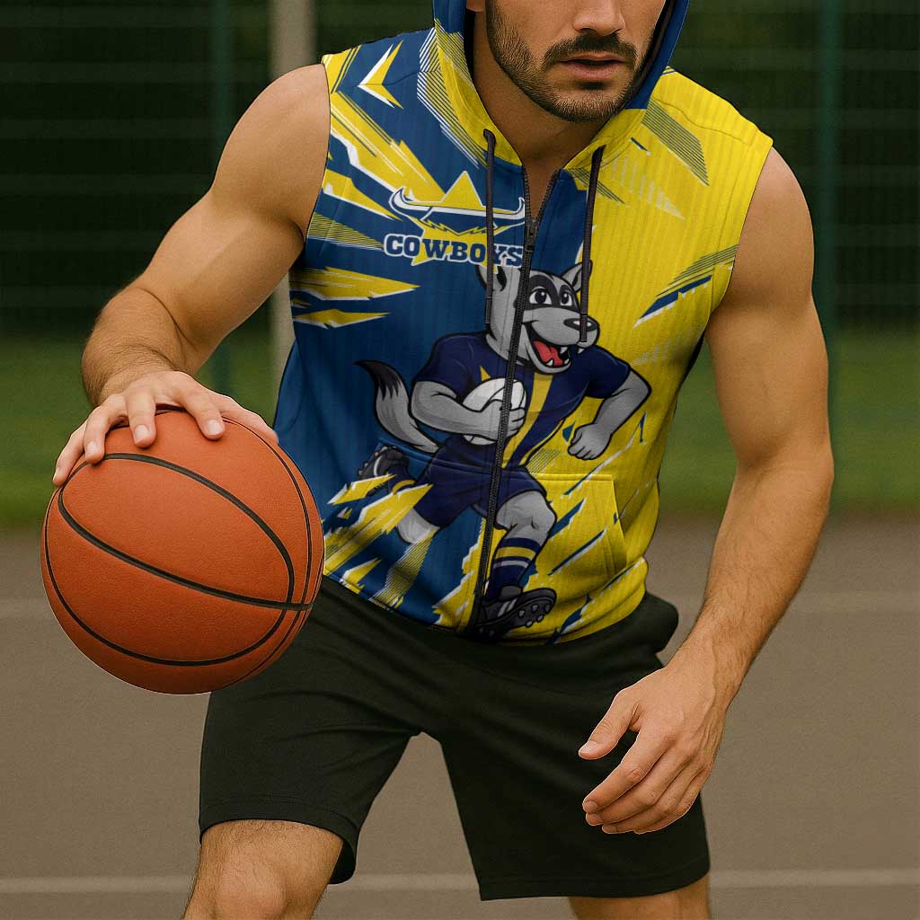 Personalized North Queensland Cowboys Sleeveless Zip Hoodie Dynamic Lightning Mascot Rugby Australia