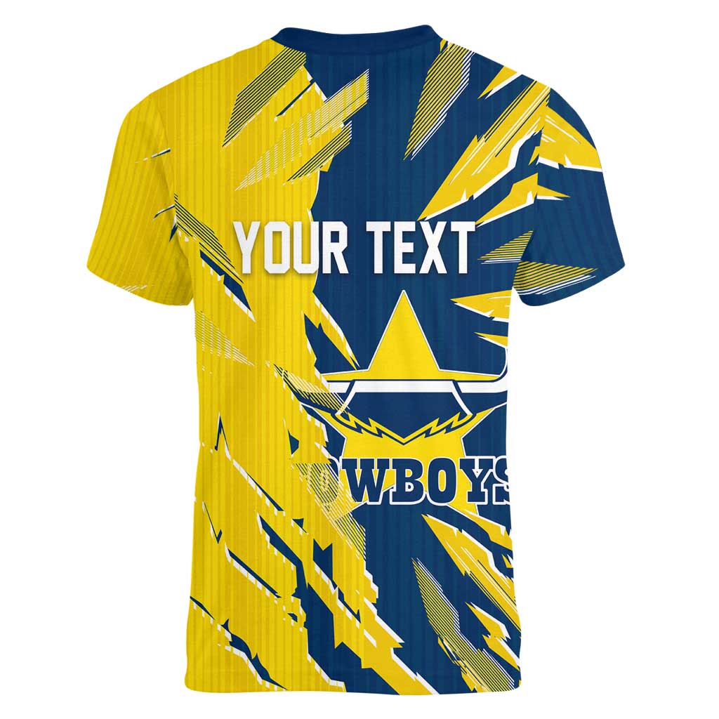 Personalized North Queensland Cowboys Women V-Neck T-Shirt Dynamic Lightning Mascot Rugby Australia