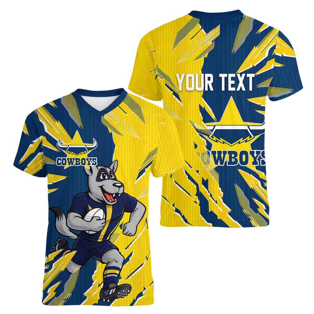 Personalized North Queensland Cowboys Women V-Neck T-Shirt Dynamic Lightning Mascot Rugby Australia