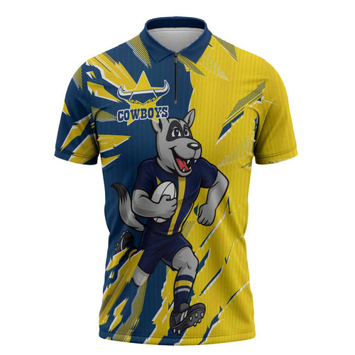 Personalized North Queensland Cowboys Zipper Polo Shirt Dynamic Lightning Mascot Rugby Australia