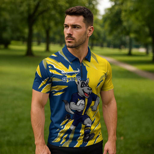 Personalized North Queensland Cowboys Zipper Polo Shirt Dynamic Lightning Mascot Rugby Australia