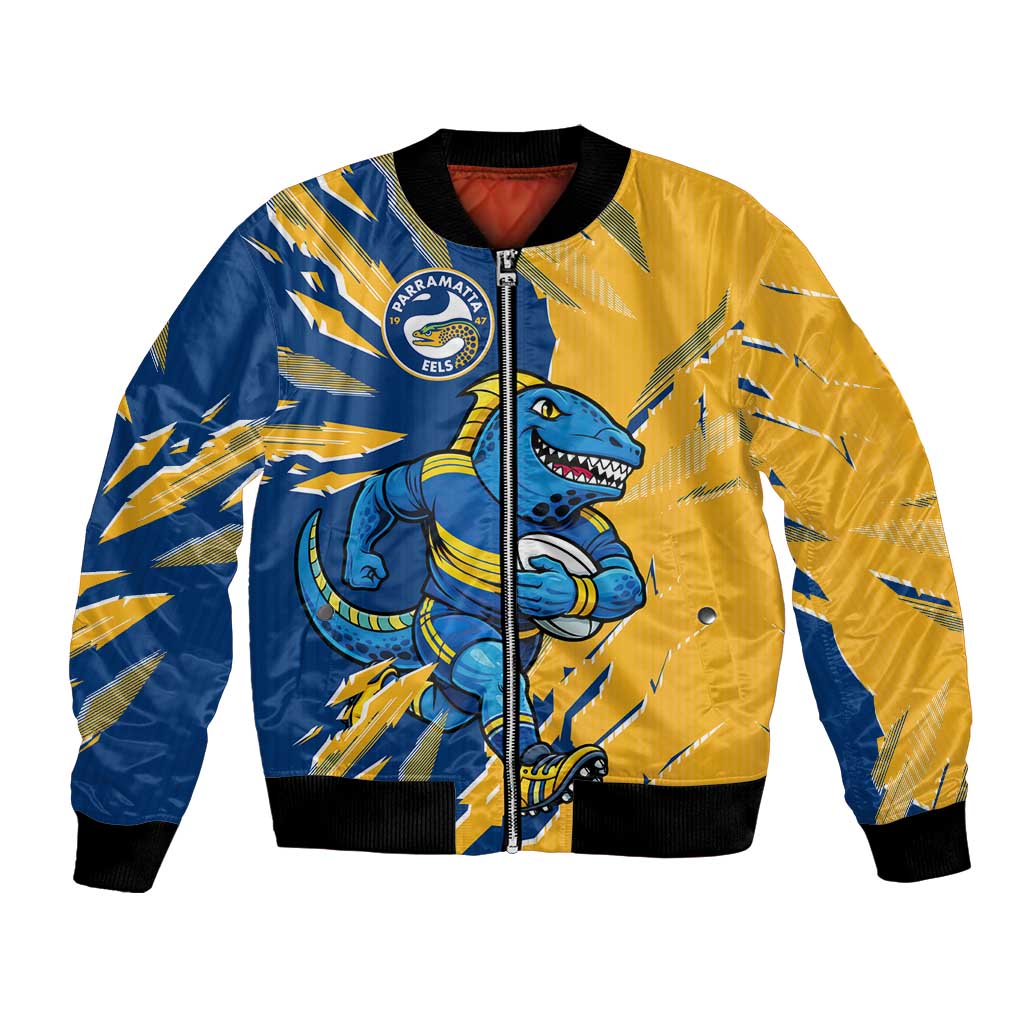 Personalized Parramatta Eels Bomber Jacket Dynamic Lightning Mascot Rugby Australia
