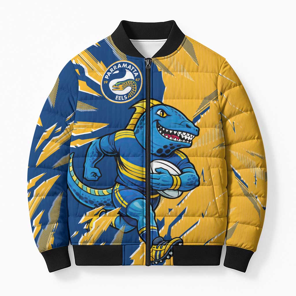 Personalized Parramatta Eels Bomber Puffer Jacket Dynamic Lightning Mascot Rugby Australia