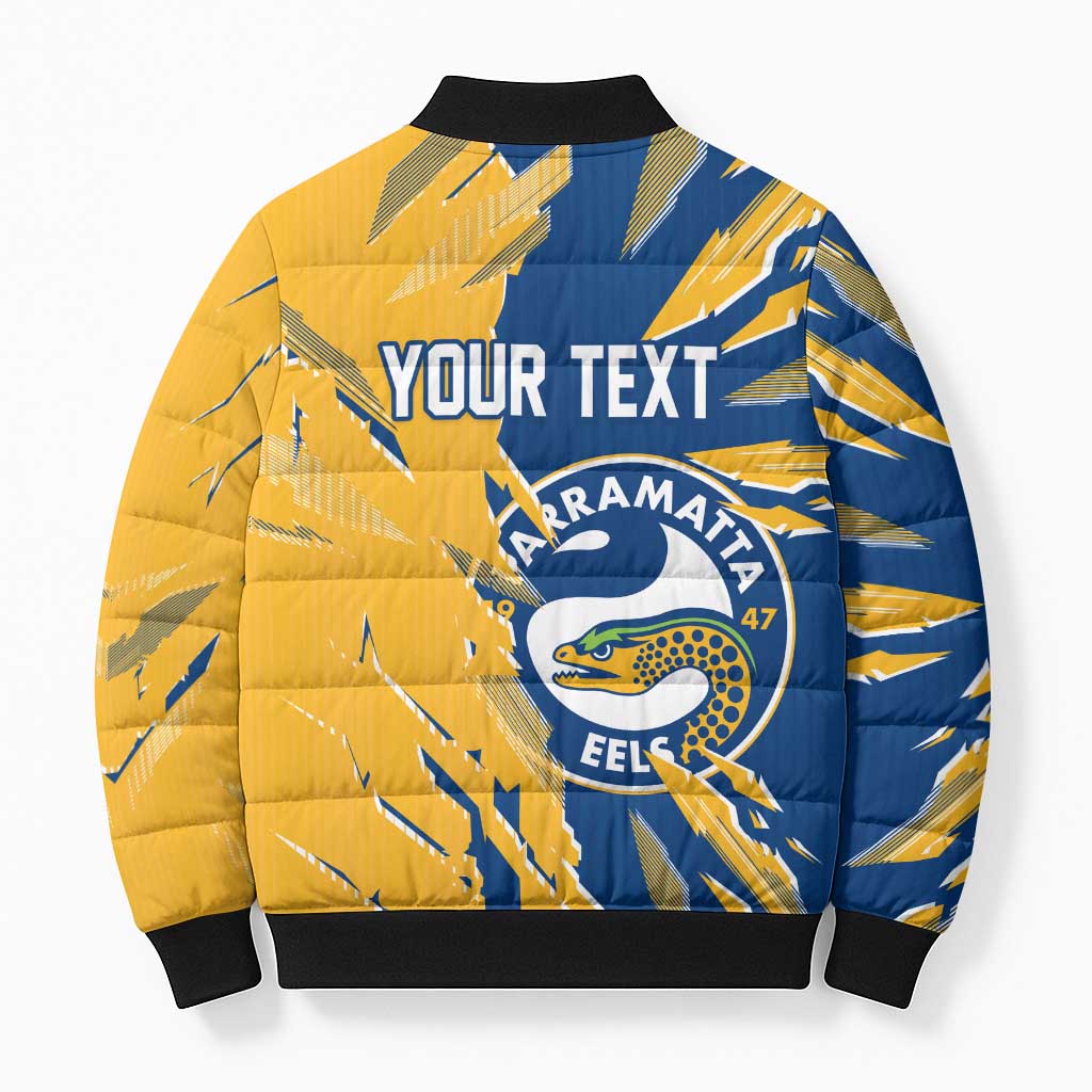 Personalized Parramatta Eels Bomber Puffer Jacket Dynamic Lightning Mascot Rugby Australia