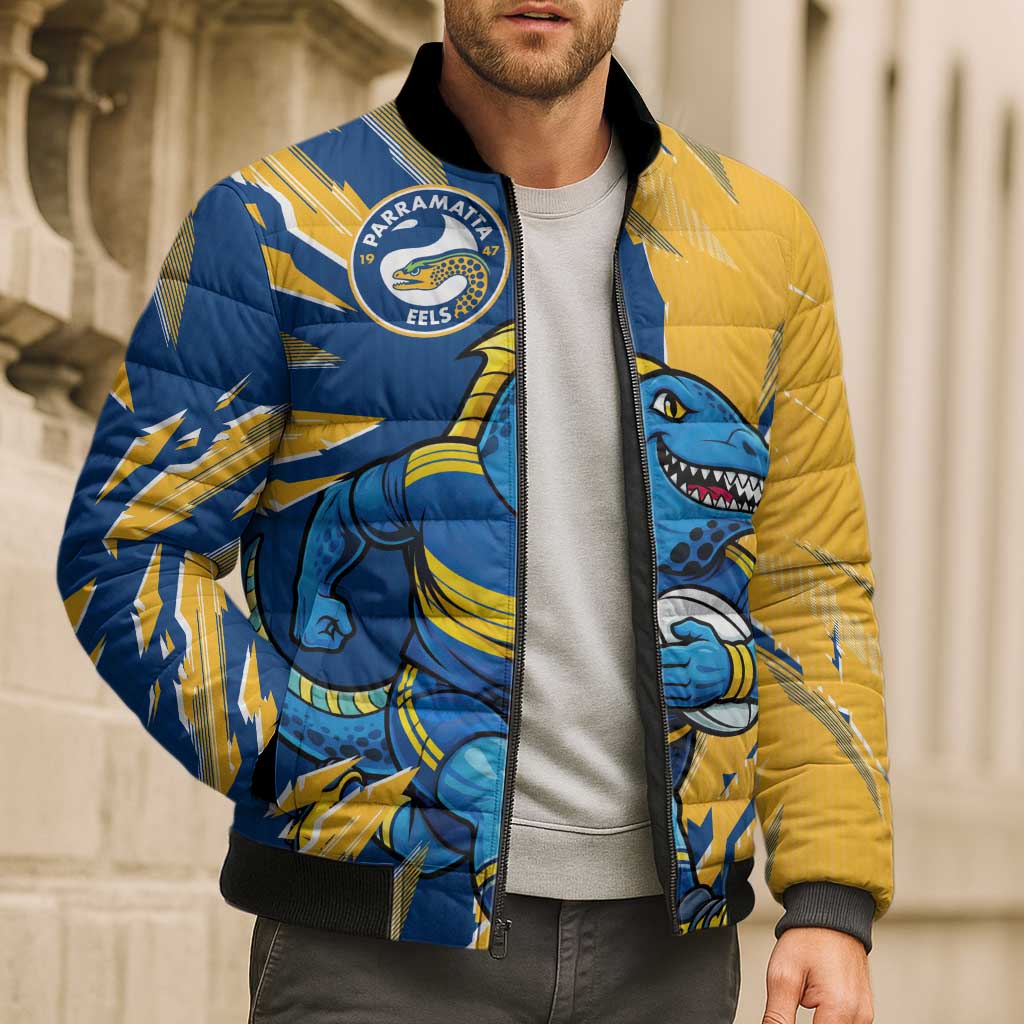 Personalized Parramatta Eels Bomber Puffer Jacket Dynamic Lightning Mascot Rugby Australia