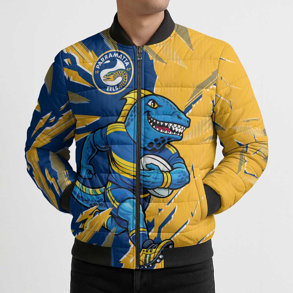 Personalized Parramatta Eels Bomber Puffer Jacket Dynamic Lightning Mascot Rugby Australia