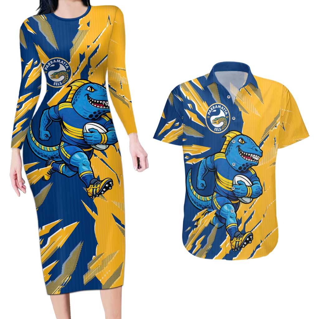 Personalized Parramatta Eels Couples Matching Long Sleeve Bodycon Dress and Hawaiian Shirt Dynamic Lightning Mascot Rugby Australia