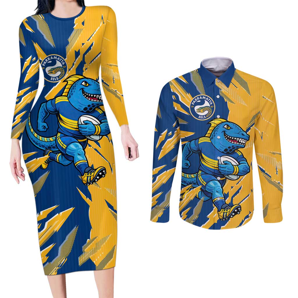 Personalized Parramatta Eels Couples Matching Long Sleeve Bodycon Dress and Long Sleeve Button Shirt Dynamic Lightning Mascot Rugby Australia