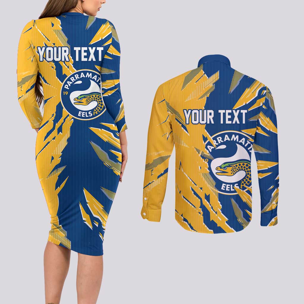 Personalized Parramatta Eels Couples Matching Long Sleeve Bodycon Dress and Long Sleeve Button Shirt Dynamic Lightning Mascot Rugby Australia