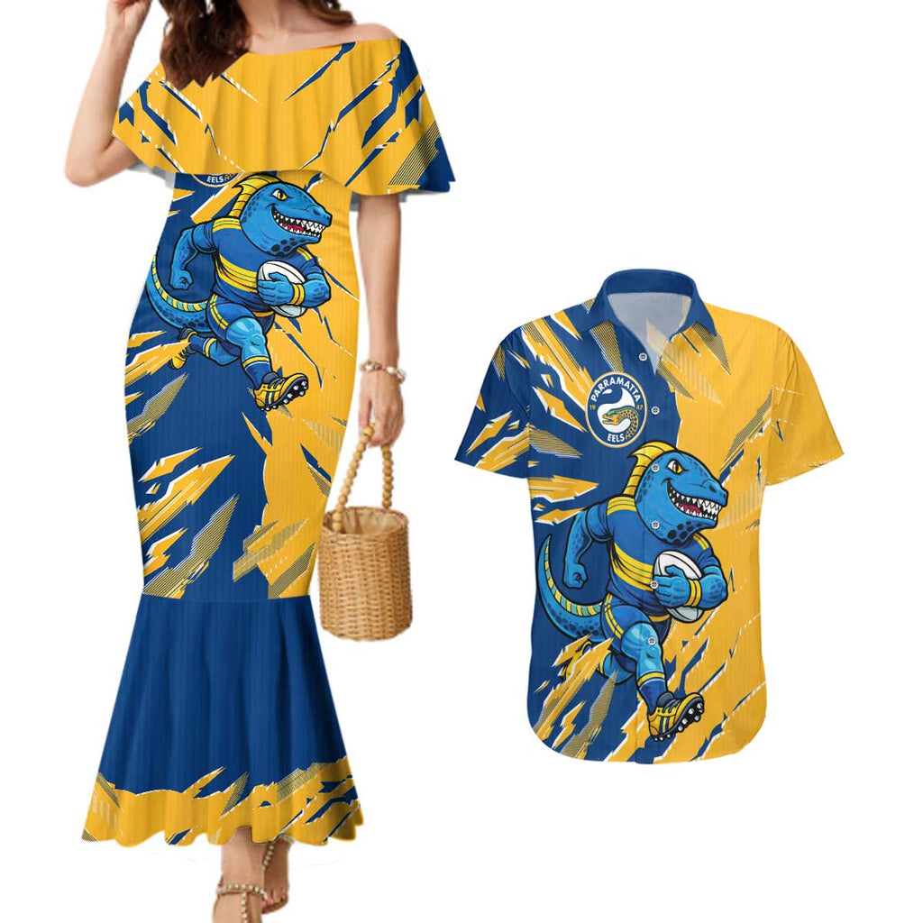 Personalized Parramatta Eels Couples Matching Mermaid Dress and Hawaiian Shirt Dynamic Lightning Mascot Rugby Australia