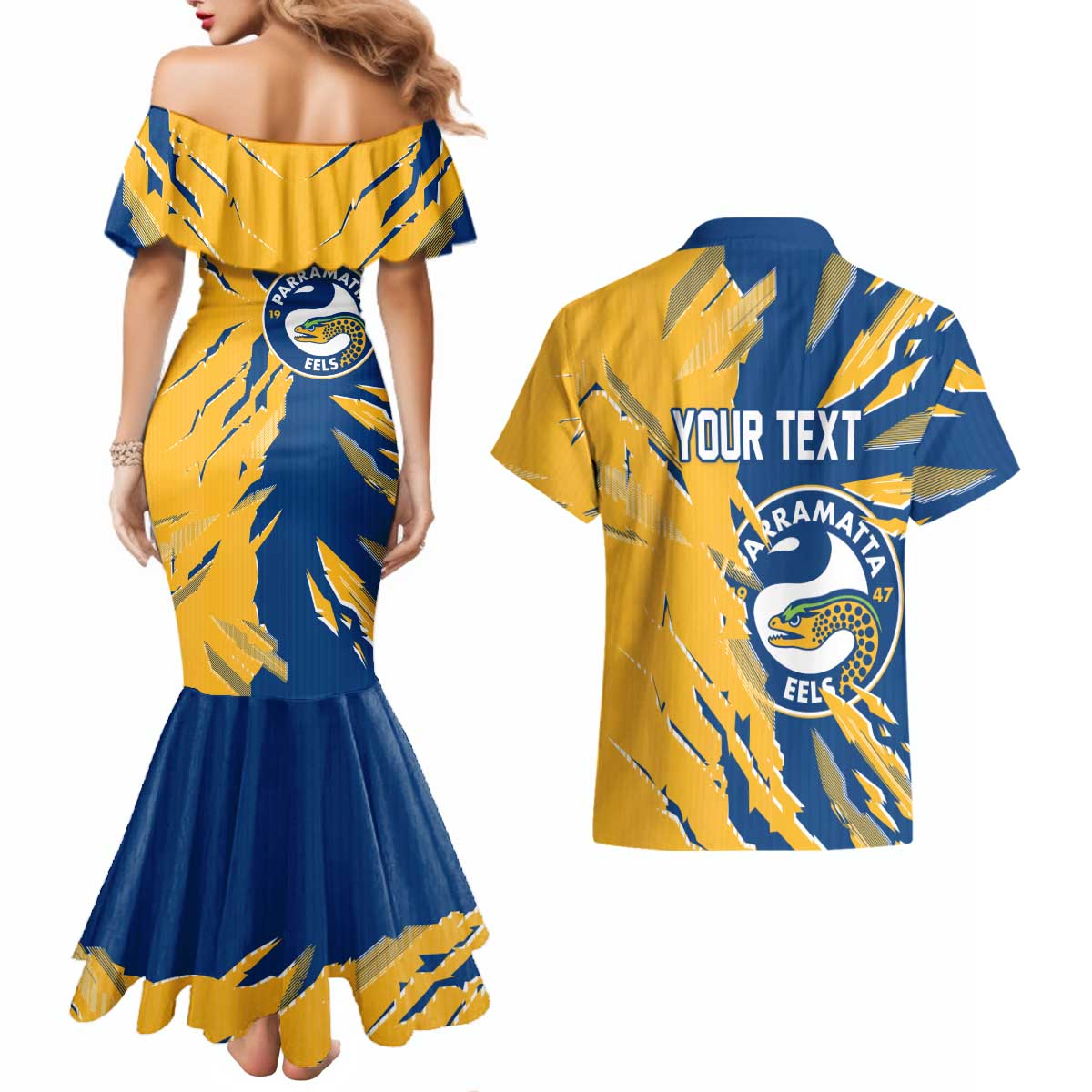 Personalized Parramatta Eels Couples Matching Mermaid Dress and Hawaiian Shirt Dynamic Lightning Mascot Rugby Australia