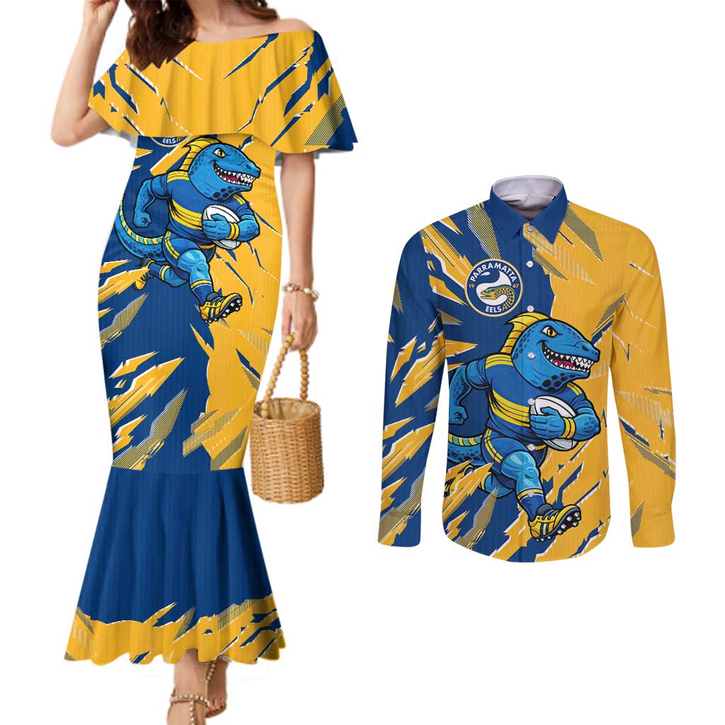 Personalized Parramatta Eels Couples Matching Mermaid Dress and Long Sleeve Button Shirt Dynamic Lightning Mascot Rugby Australia