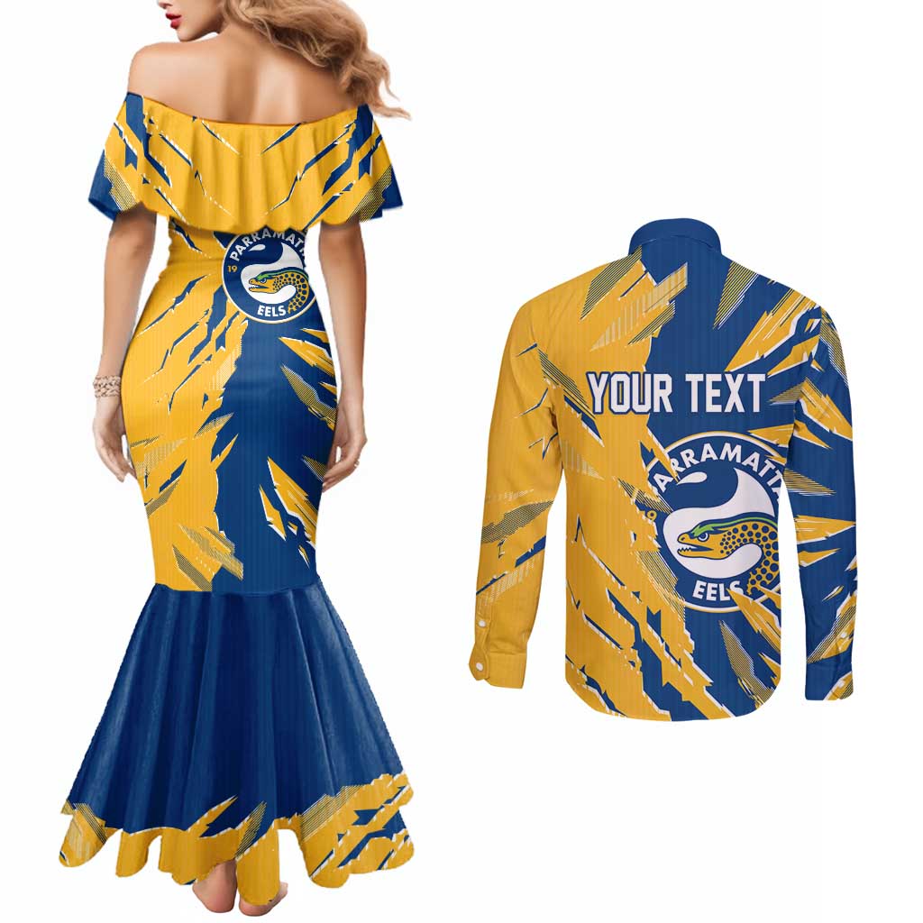 Personalized Parramatta Eels Couples Matching Mermaid Dress and Long Sleeve Button Shirt Dynamic Lightning Mascot Rugby Australia