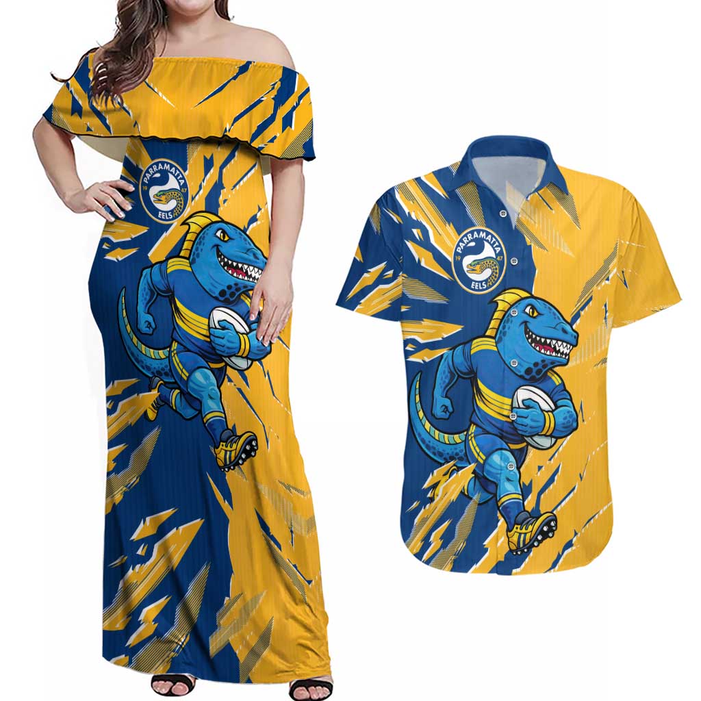 Personalized Parramatta Eels Couples Matching Off Shoulder Maxi Dress and Hawaiian Shirt Dynamic Lightning Mascot Rugby Australia