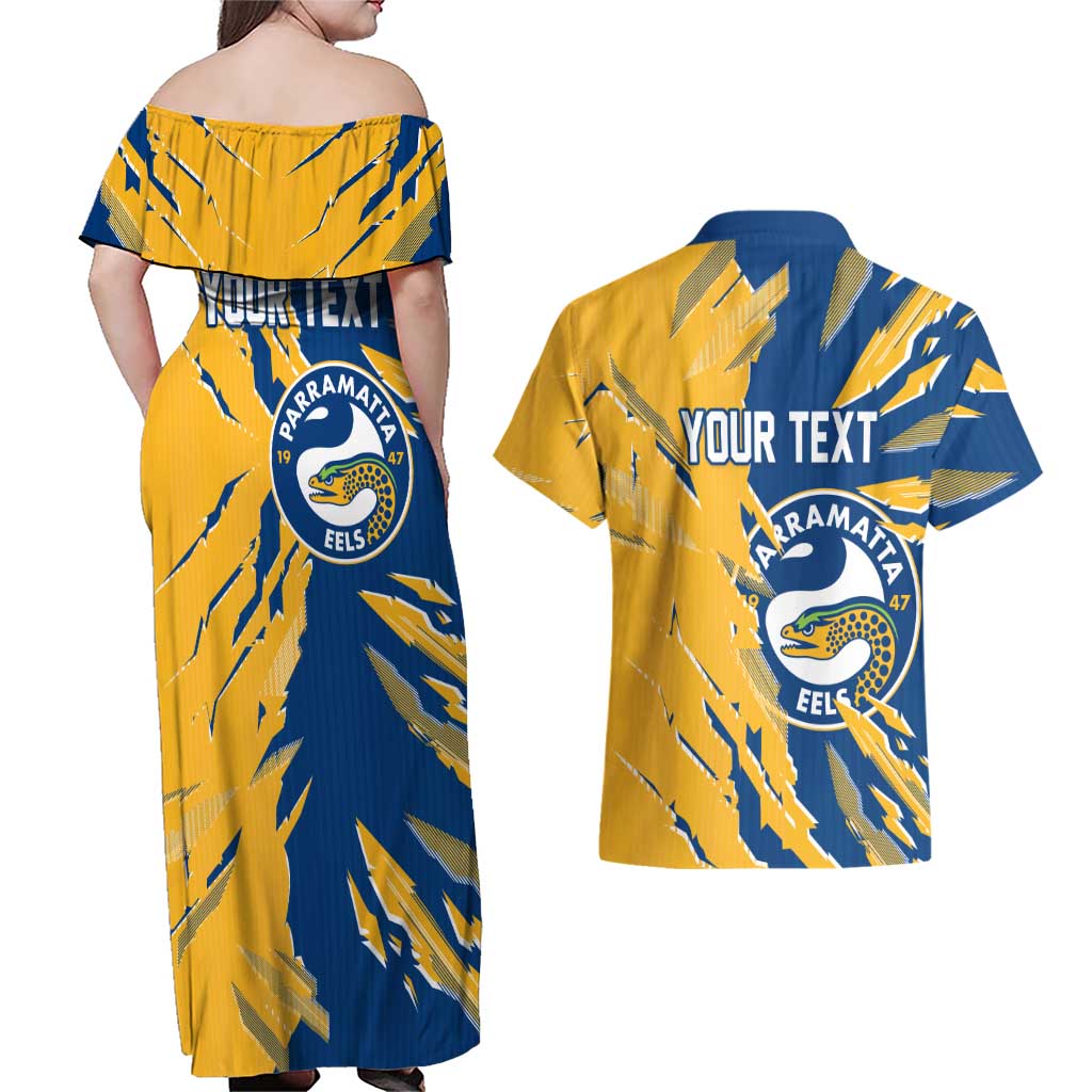 Personalized Parramatta Eels Couples Matching Off Shoulder Maxi Dress and Hawaiian Shirt Dynamic Lightning Mascot Rugby Australia