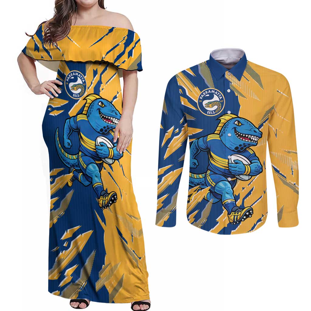 Personalized Parramatta Eels Couples Matching Off Shoulder Maxi Dress and Long Sleeve Button Shirt Dynamic Lightning Mascot Rugby Australia