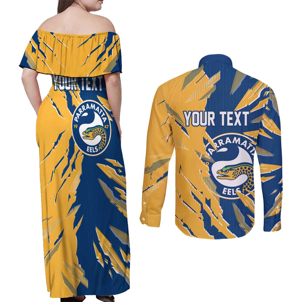 Personalized Parramatta Eels Couples Matching Off Shoulder Maxi Dress and Long Sleeve Button Shirt Dynamic Lightning Mascot Rugby Australia