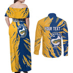 Personalized Parramatta Eels Couples Matching Off Shoulder Maxi Dress and Long Sleeve Button Shirt Dynamic Lightning Mascot Rugby Australia