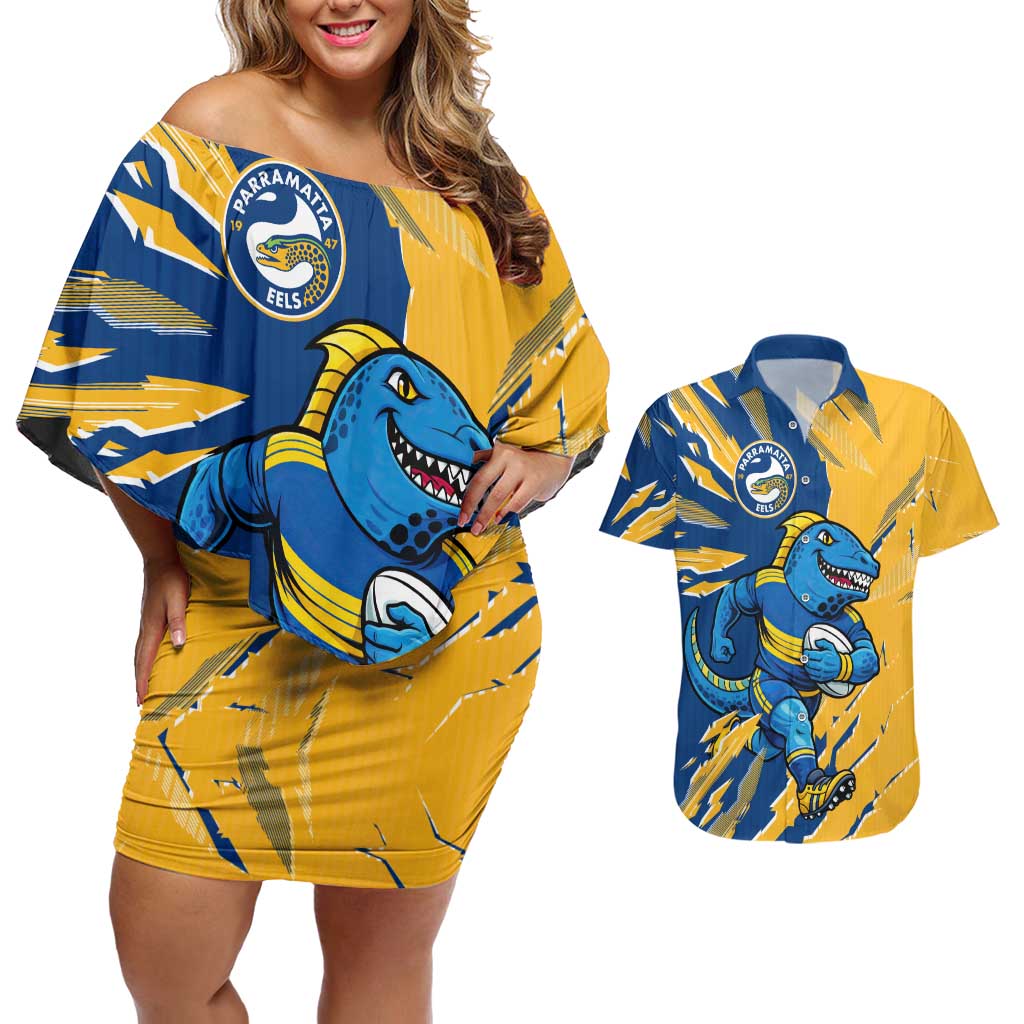 Personalized Parramatta Eels Couples Matching Off Shoulder Short Dress and Hawaiian Shirt Dynamic Lightning Mascot Rugby Australia