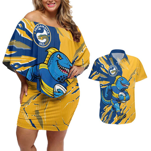 Personalized Parramatta Eels Couples Matching Off Shoulder Short Dress and Hawaiian Shirt Dynamic Lightning Mascot Rugby Australia